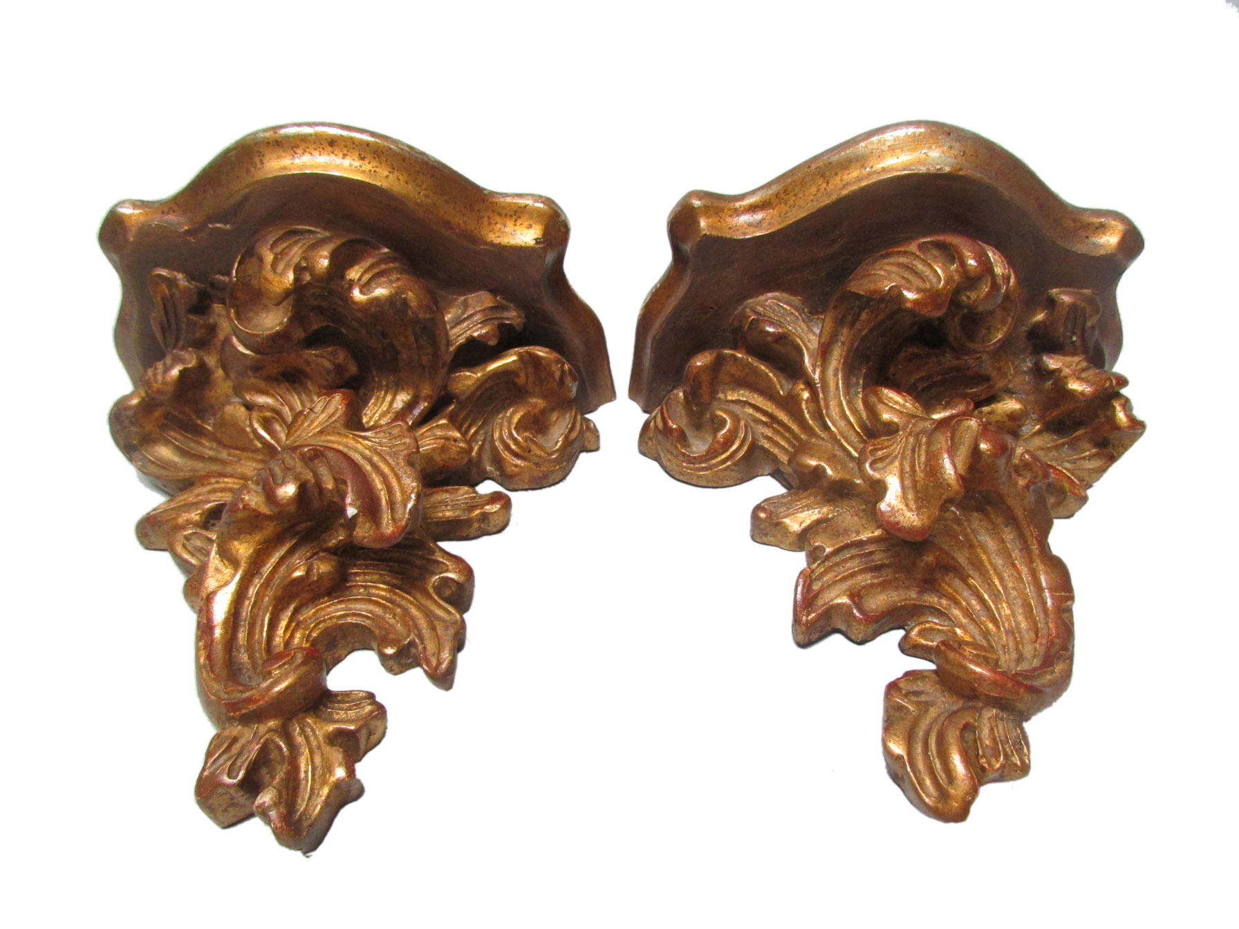 Hollywood Regency Gold Leaf Wall Brackets Modernism